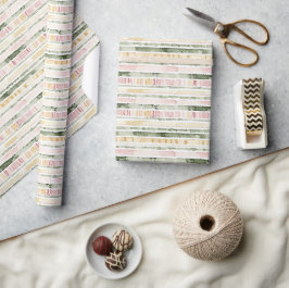 Papel De Presente Listras de Creme Rosa Verde de Aniversário