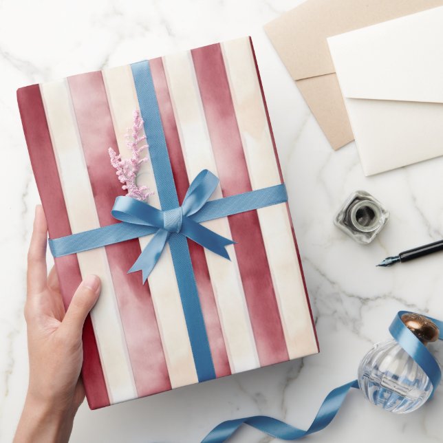 Papel De Presente Listras de Creme Vermelho Chá de Noiva (Presentear)