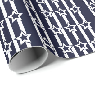 Papel De Presente Listras de Estrela Branca Azul Marinho