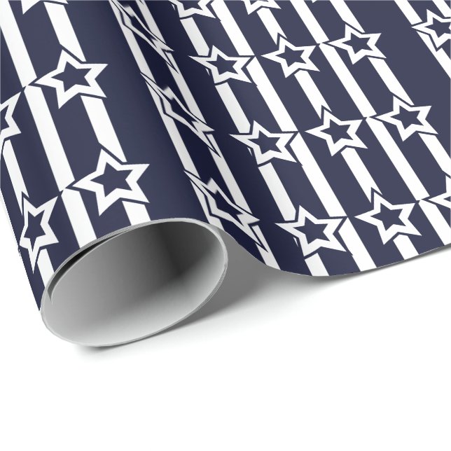 Papel De Presente Listras de Estrela Branca Azul Marinho  (Ponta do rolo)