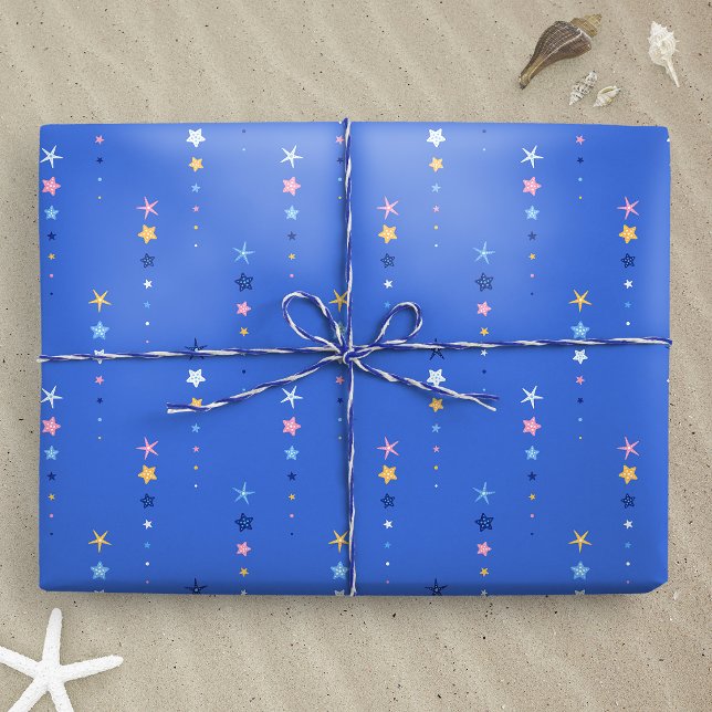 Papel De Presente Listras de Estrela-do-Mar Azul Cobalto Costeira (Cobalt Blue Starfish Stripes wrapping paper gift mockup)