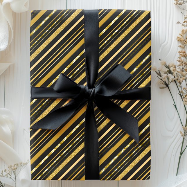 Papel De Presente Listras de Folha Dourada e Preto Elegantes (Criador carregado)