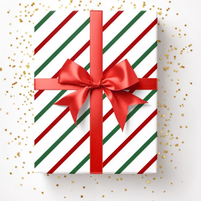 Papel De Presente Listras de Natal Brancas Vermelhas e Verdes Padrão (White Red Green Christmas Stripes Pattern Wrapping Paper)