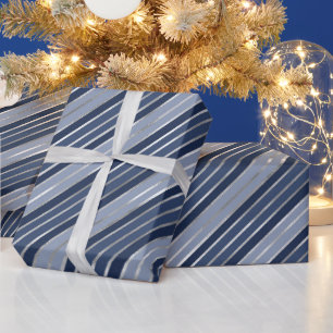 Papel De Presente Listras de Natal em Azul e Prata Fólia