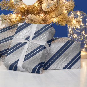 Papel De Presente Listras de Natal em Azul e Prata Fólia