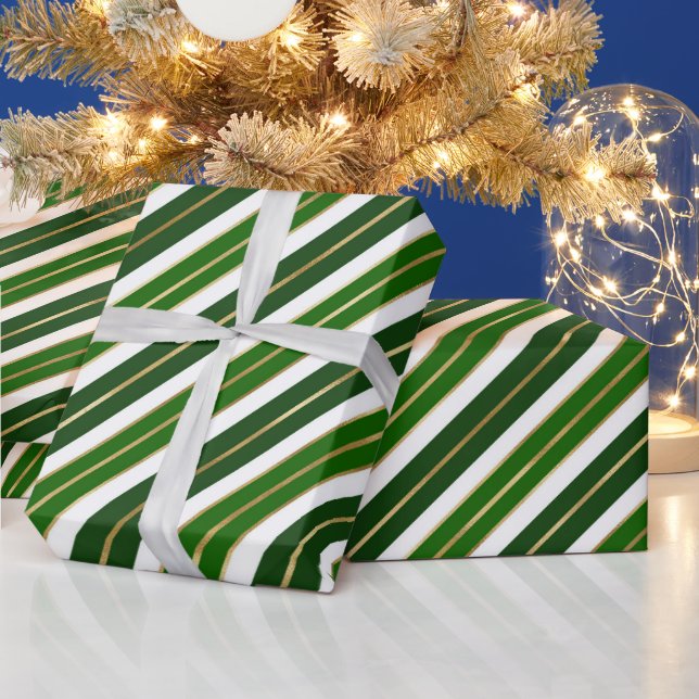 Papel De Presente Listras de Natal em Verde, Branco e Dourado Folhea (Feriados)