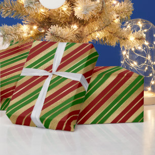 Papel De Presente Listras de Natal Vermelho, Dourado e Verde