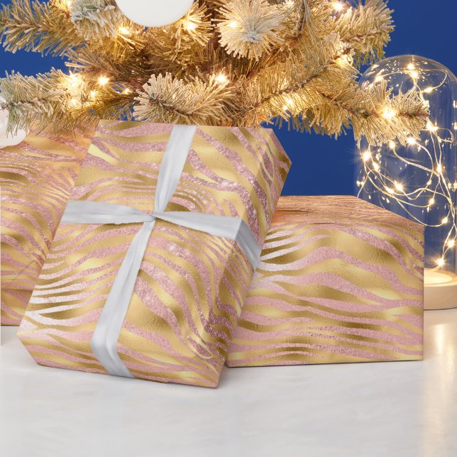 Papel De Presente Listras de Tigre com Brilho Rosa e Dourado Glam (Feriados)