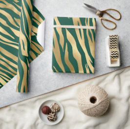 Papel De Presente Listras de tigre selvagem verdes e douradas elegan