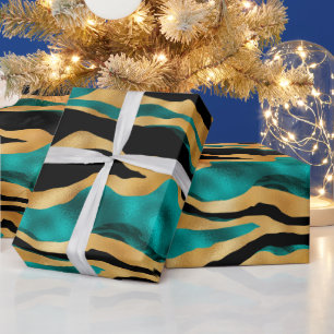 Papel De Presente Listras de Tigre Teal Dourado Animal Abstrato Gl