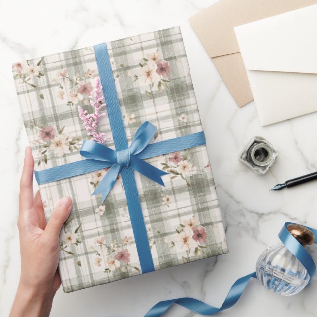 Papel De Presente Listras de Xadrez Verde Burgundy Flores Creme Aniv (Presentear)