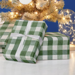 Papel De Presente Listras de Xadrez Verde Creme Quente de Natal