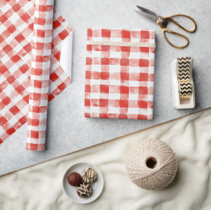 Papel De Presente Listras de Xadrez Vermelho e Branco de Aniversário