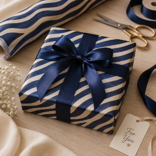 Papel De Presente Listras de Zebra Azul Naval e Creme Brilhantes Ele