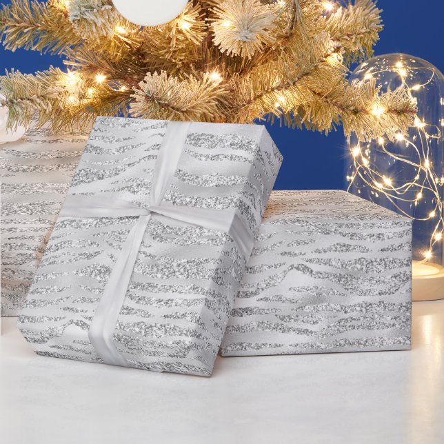 Papel De Presente Listras de Zebra com Brilho Falso Cinza Prata (Feriados)