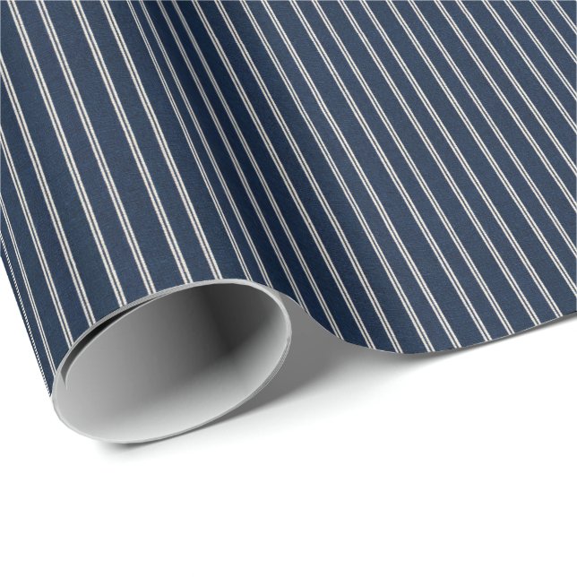 Papel De Presente Listras Duplas Azul Marinho Tecido Marfim (Ponta do rolo)