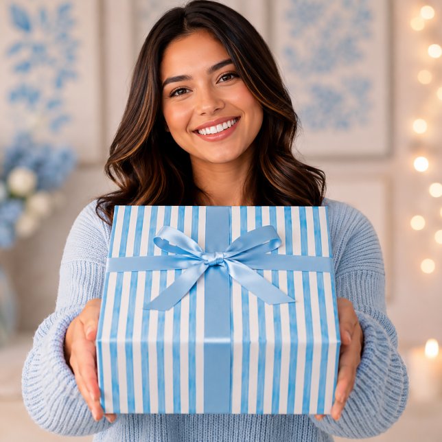 Papel De Presente Listras Elegantes de Aquarela em Azul Água (Criador carregado)