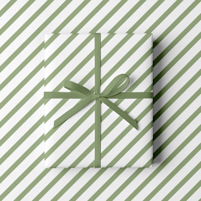 Papel De Presente Listras Elegantes no Tom Sage Verde (Sage Green White Stripes Pattern Wrapping Paper)
