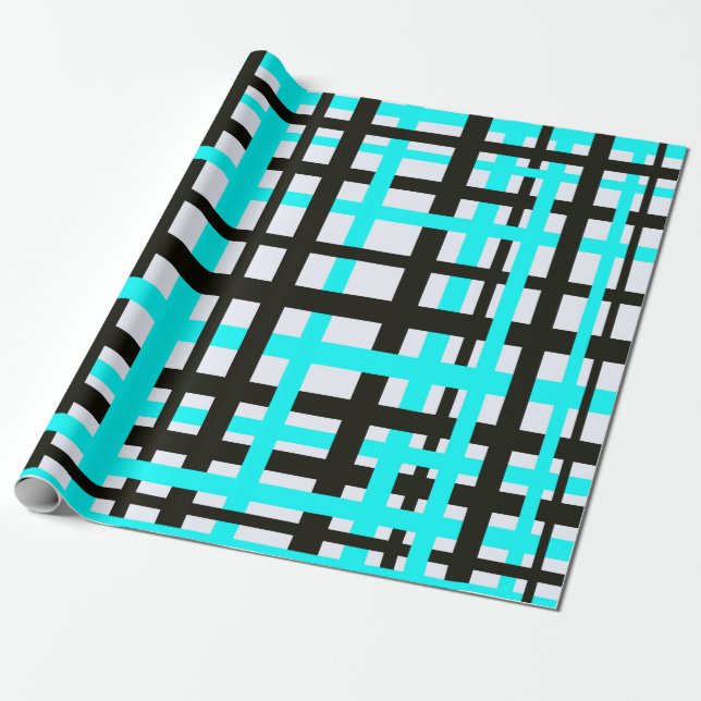 Papel De Presente Listras Entrelaçadas Preto Branco Azul Turquesa (Desenrolado)