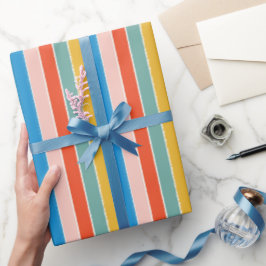 Papel De Presente Listras festivas azuis vermelhas e rosadas colorid