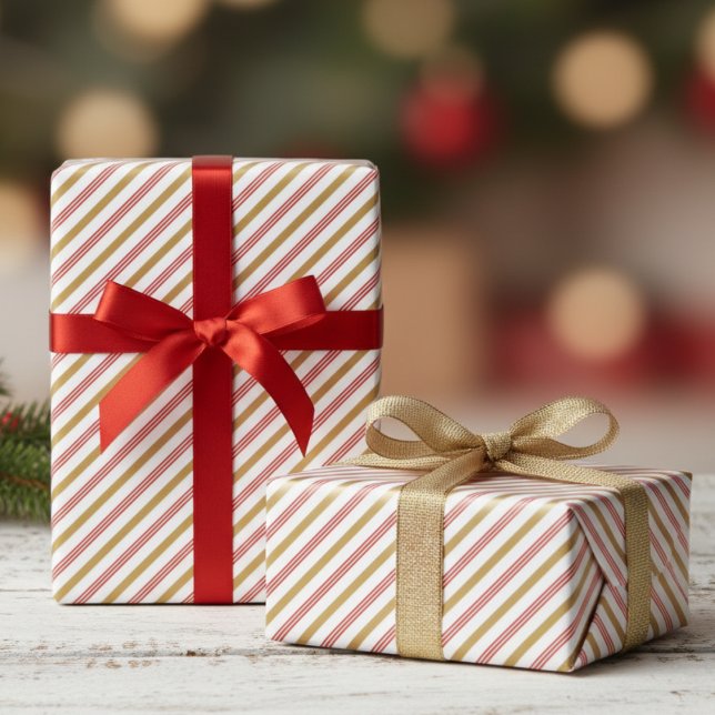 Papel De Presente Listras Festivas de Vermelho e Dourado de Bengala  ( Modern Elegant Red and Gold Chic Christmas Wrapping Paper. Trendy Candy Cane Striped Xmas Pattern)