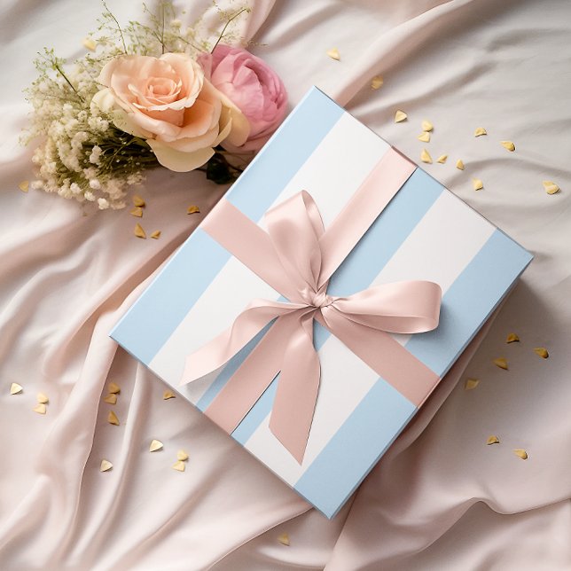 Papel De Presente Listras Grandes Azul Claro e Branco (Large Light Blue and White Stripes Wrapping Paper)