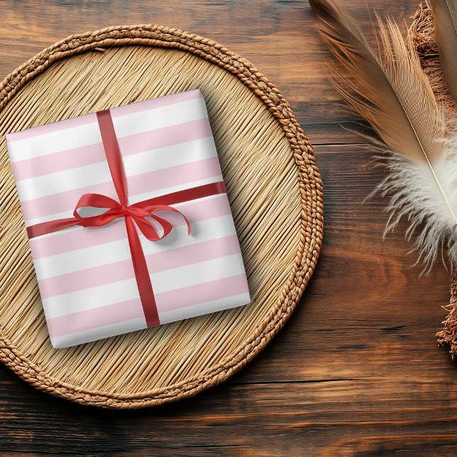 Papel De Presente Listras Horizontais Largas Rosa Pastel e Branco (Criador carregado)