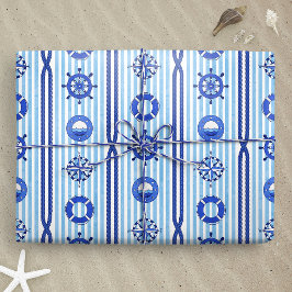 Papel De Presente Listras Náuticas Azuis com Motivos Marítimos