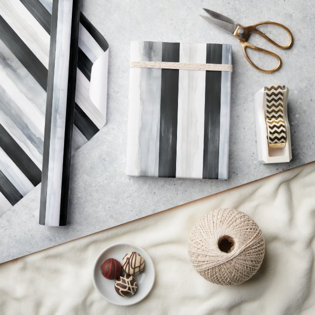 Papel De Presente Listras Pretas Cinza Branco Aniversário (Artesanato)