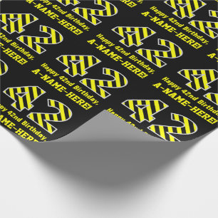 Papel De Presente Listras Pretas e Amarelas "42"; 42º Aniversário +
