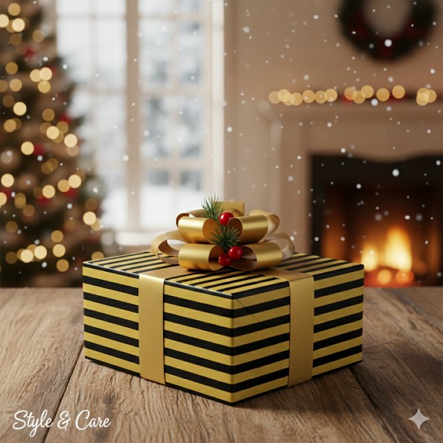 Papel De Presente Listras Pretas e Douradas Metálicas Premium (Black And Metallic Gold Stripe Pattern Premium Wrapping Paper)