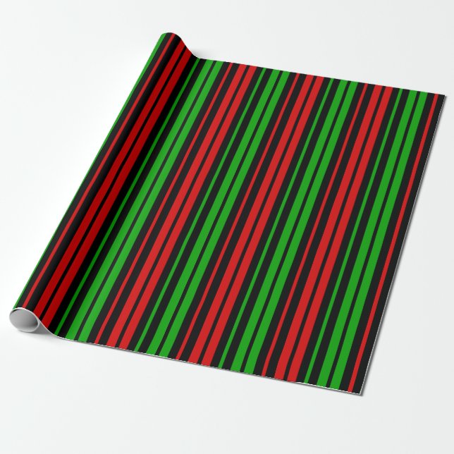 Papel De Presente Listras Pretas Vermelhas e Verdes  (Desenrolado)