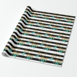 Papel De Presente Listras preto e branco elegantes com floral azul