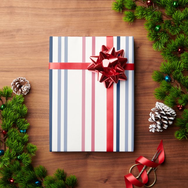 Papel De Presente Listras rosa, azul e branco (Presente de Natal)