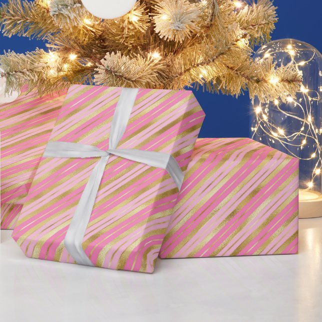 Papel De Presente Listras Rosa e Dourado (Feriados)