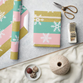 Papel De Presente Listras Rosa Turquesa e Dourado Com Flocos de Neve