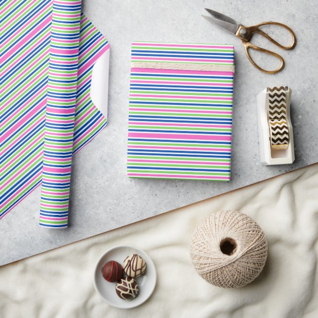 Papel De Presente Listras Rosa Verde e Azul Marinho Preppy (Artesanato)