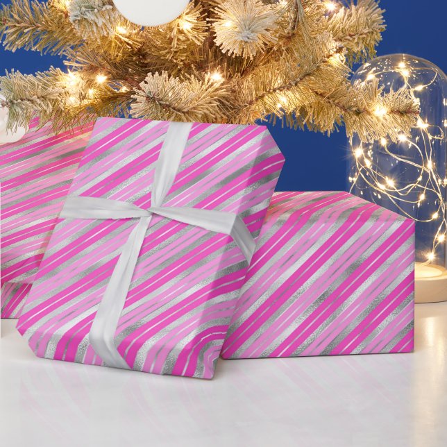 Papel De Presente Listras Rosa Vibrante e Prata (Feriados)