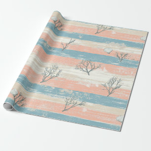 Papel De Presente Listras Rústicas da Costa com Conchas e Coral