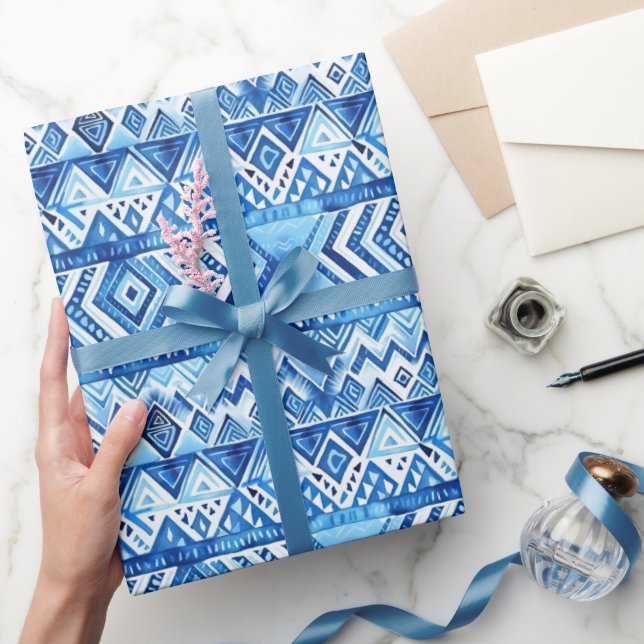 Papel De Presente Listras Tribais de Aniversário Azul Água Branco (Presentear)