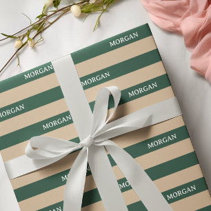 Papel De Presente Listras Verdes e Creme Nome Personalizado Natal