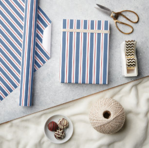 Papel De Presente Listras Vermelhas Brancas e Azuis de Aniversário