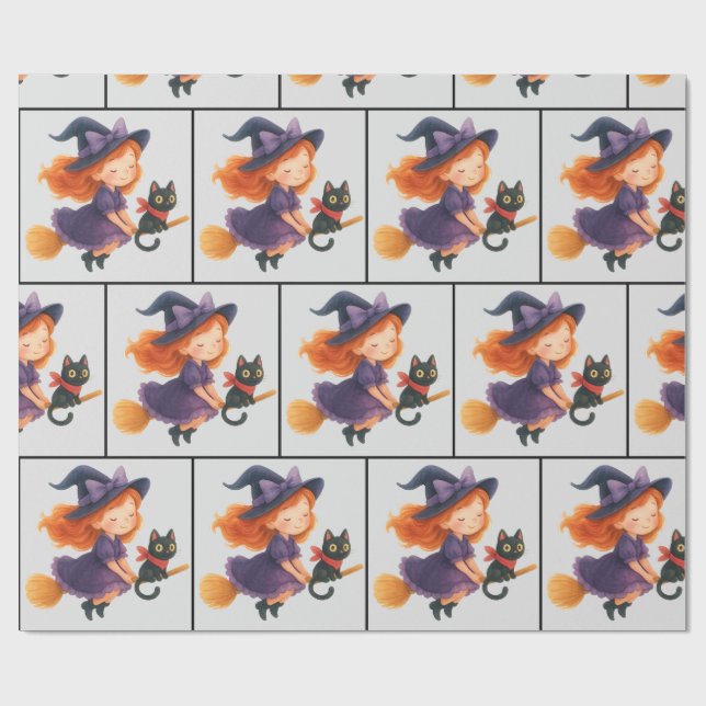 Papel De Presente Little Witch Cat Flying Halloween Girl Baby Shower (Aberto)