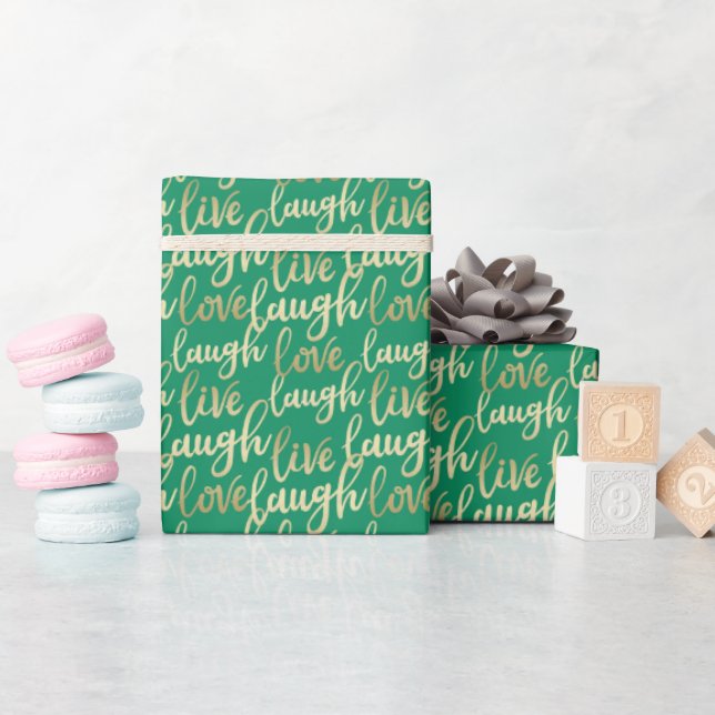 Papel De Presente Live Laugh Love Faux Dourado Letoração Verde (Chá de bebê)