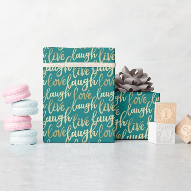 Papel De Presente Live Laugh Love Faux Dourado Letting Teal (Chá de bebê)