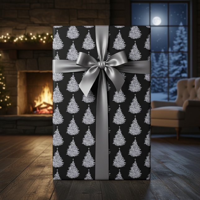 Papel De Presente Livro de Árvore Preta e Branca de Natal (Christmas Black & White Tree Wrapping Paper )