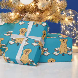 Papel De Presente Livro Inteligente do Retriever Dourado Design Azul