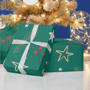Papel De Presente Livro Verde de Natal com Estrelas e Berries
