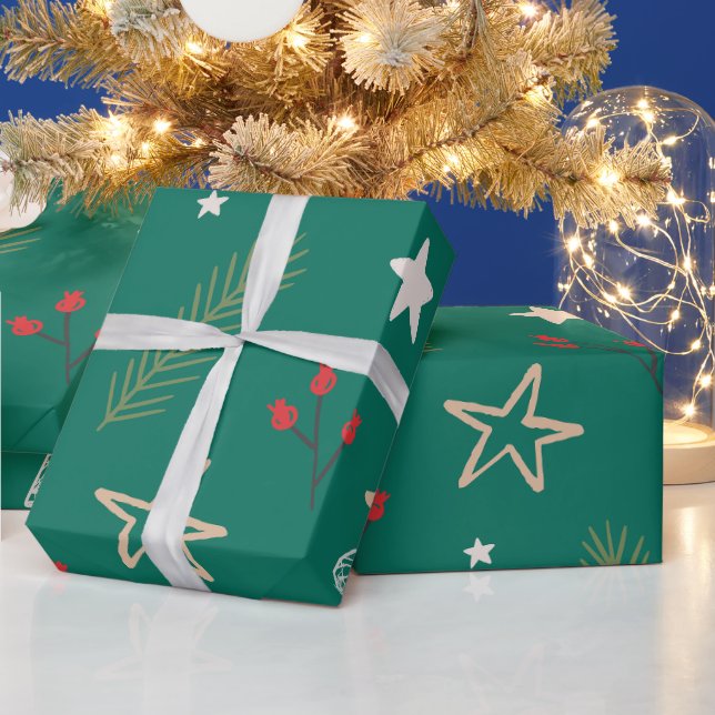 Papel De Presente Livro Verde de Natal com Estrelas e Berries (Feriados)
