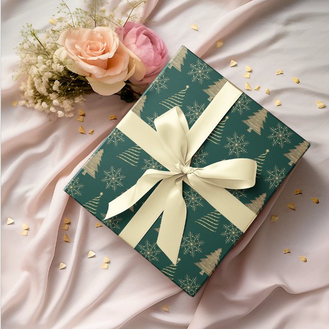 Papel De Presente Livro Verde Dourado de Árvore de Natal Floco de Ne (Criador carregado)